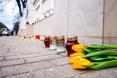 Thousands candles and flowers standing on the street during the war in ukraine