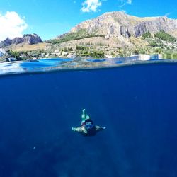 High angle view of man swimming in sea