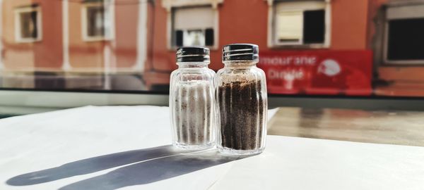 Close-up of beer glass on table