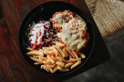 High angle view of food in bowl on table