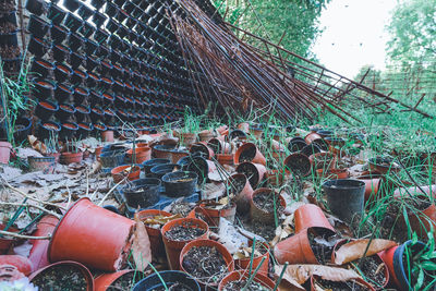 Rusty metal fence on field