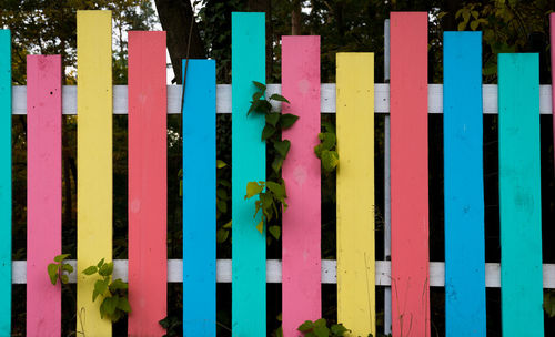 Multi colored wooden fence against plants