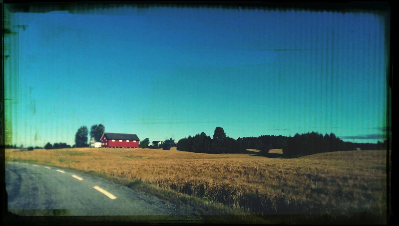 transfer print, transportation, road, clear sky, field, landscape, auto post production filter, copy space, grass, blue, country road, sky, rural scene, car, the way forward, street, land vehicle, tranquil scene, nature, road marking