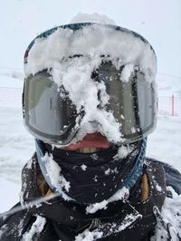 Close-up of person wearing ski helmet during winter