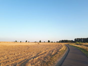 Scenic view of agricultural field against clear blue sky