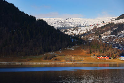 Scenic view of lake and mountains against sky