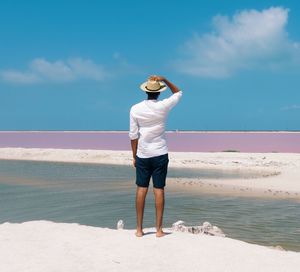 Rear view of man standing at beach against blue sky