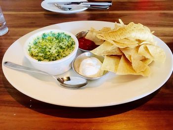 Close-up of food served on table