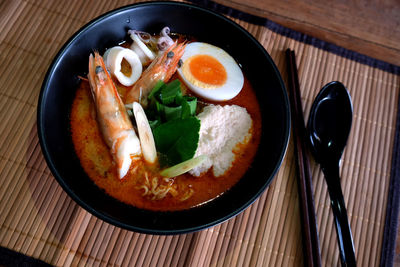 High angle view of meal served on table