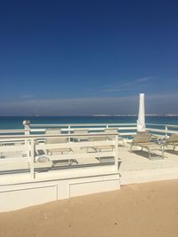 Scenic view of beach against clear blue sky