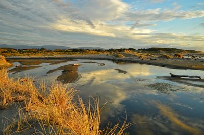 Scenic view of calm water against cloudy sky