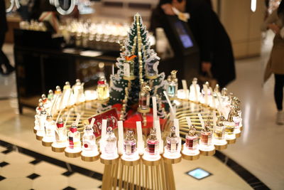 Close-up of perfumes on display at store