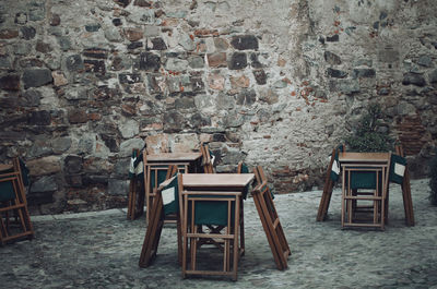 Empty terrace of a restaurant in a street of cáceres, extremadura, spain