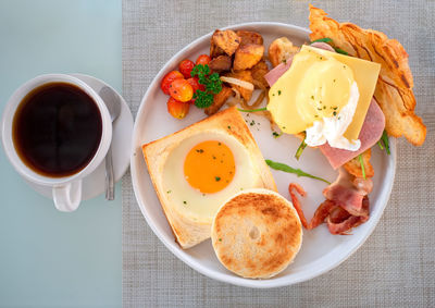 High angle view of breakfast served on table