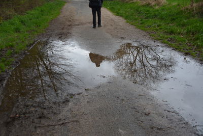 Low section of man walking on road amidst plant