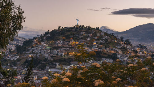 High angle view of townscape against sky during sunset