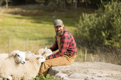 Male farmer with sheep in field