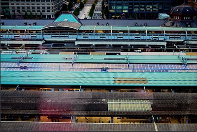 High angle view of railroad station roofs