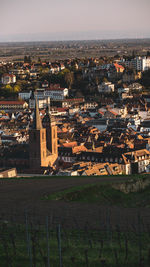 High angle shot of townscape against sky