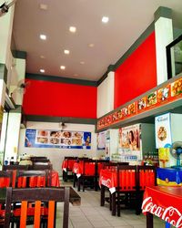 Empty chairs and tables in restaurant