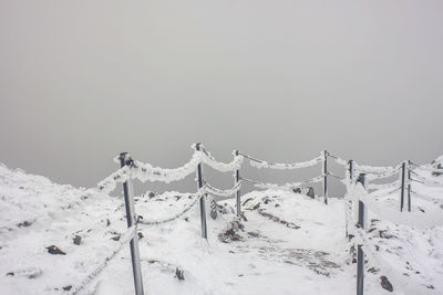 Fence on snow covered landscape against clear sky