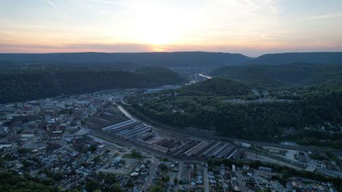 High angle view of townscape against sky during sunset