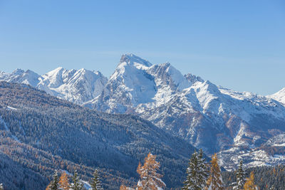 Awesome mount marmolada winter panorama in a sunny day, dolomites, italy