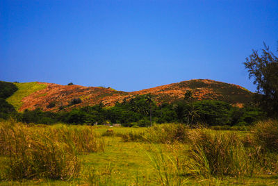 Scenic view of mountains against clear blue sky