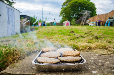 Close-up of meat on barbecue grill at backyard