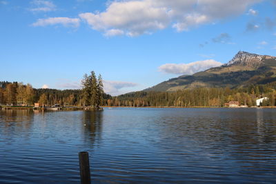Scenic view of lake by trees against sky