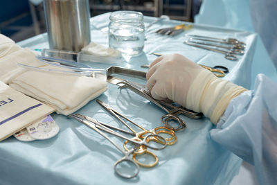 High angle view of medical equipment on table