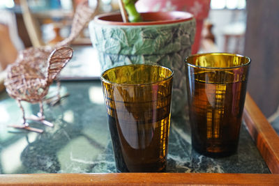 Close up glasses of water on wooden table