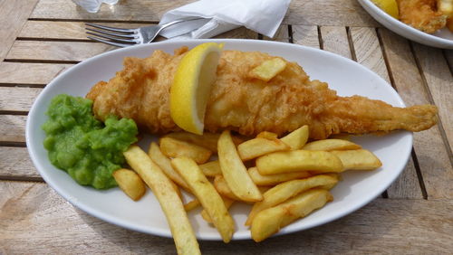 Close-up of cod fish and chips