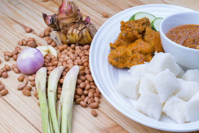 High angle view of food in plate on table