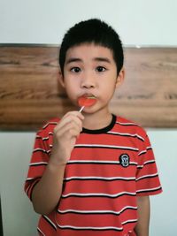 Portrait of cute boy eating candy