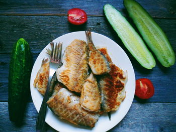 High angle view of food in plate on table