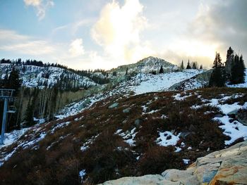 Scenic view of snow covered mountains against sky