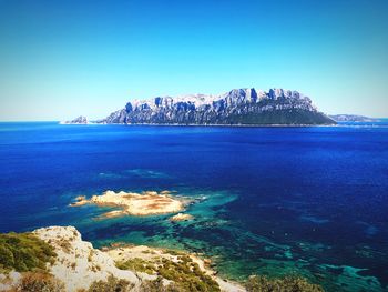 Scenic view of sea against clear blue sky