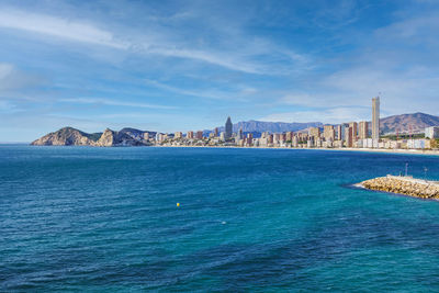 Panoramic view of playa de poniente in benidorm, famous city in the mediterranean coast of spain