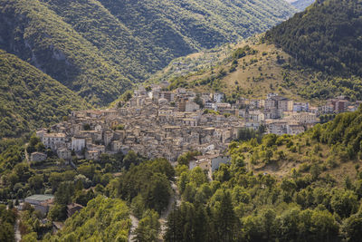 High angle view of trees and mountains