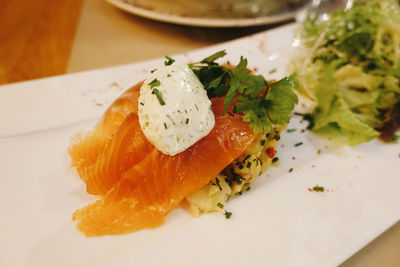 Close-up of sushi served in plate