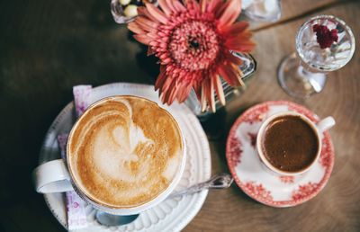 High angle view of cappuccino on table