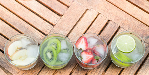 High angle view of drinks on table