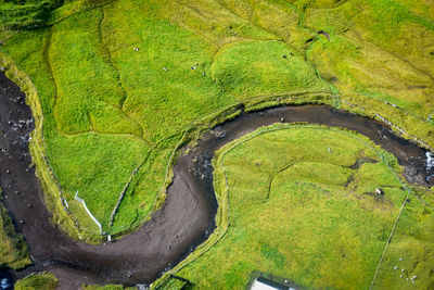 High angle view of river amidst fields