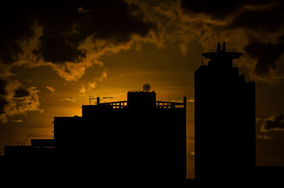 Low angle view of silhouette buildings against sky during sunset
