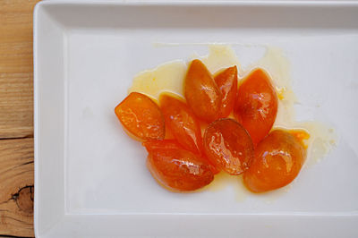 High angle view of fruits in plate