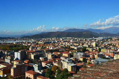 High angle view of cityscape against sky