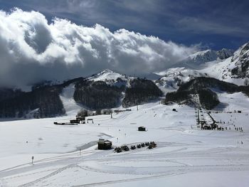 Scenic view of snow covered mountains against sky