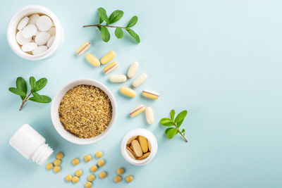 Vitamins and herbal supplements in jars with a green plant.