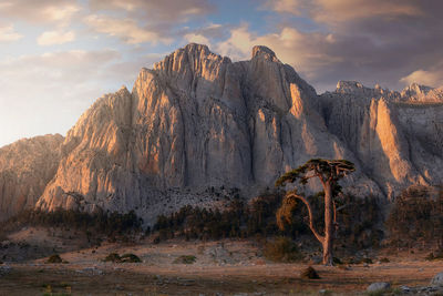 Rock formations on landscape against sky